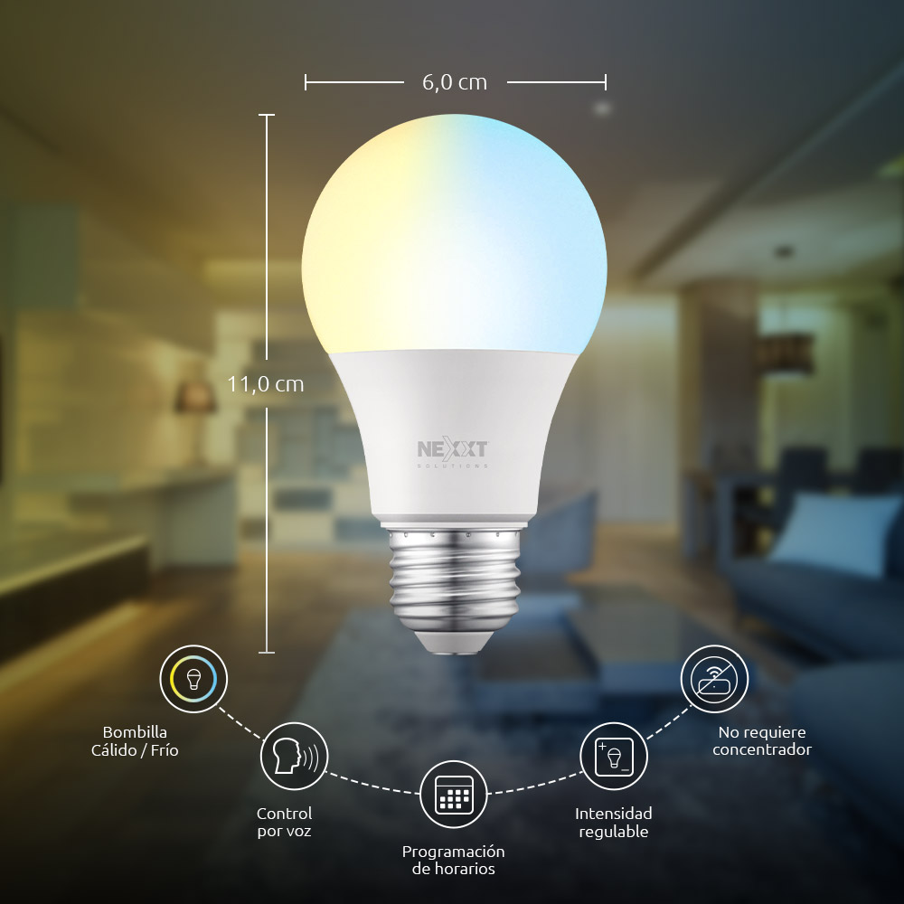 1 Ampolleta blanca calida - fría regulable | E26 E27 | LED smart | Nexxt Home | Casa Smart - Domótica 🛜
