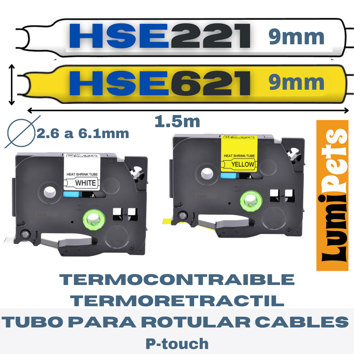 Cinta Termocontraible HSe-221 / HSe-621 para Rotuladora Brother 8.8mm | Cintas Rotuladoras Termocontraibles